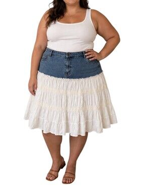 Cato Vintage Denim-Waist White Tiered A-Line Skirt